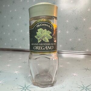Vintage McCormick Mediterranean Oregano Jar Green Label & Lid Glass Spice Bottle